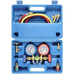 Orion Motor Tech 3 Way AC Diagnostic Manifold Gauge Set for Freon Charging, Fits R134A R12 R22 and R502 Refrigerants, with 3FT Hose, Tank Adapters, Quick Couplers and Can Tap