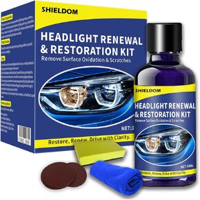 SHIELDOM Car Headlight Restoration Kit Restorer for Auto Headlamp Cleaner Renewal Set of | 3X Sandpaper | 1x Sponge | 1x Towel | Remove Scratches Yellowing and Oxidation - 30ML