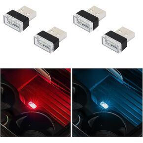 Augeny 4 PCS USB LED Car Interior Atmosphere Lamp, Plug-in USB Decor Night Light, Portable Auto Ambient Lighting Kit, Universal Vehicle Interior Accessories for Most Cars (2 Red+2 Ice Blue)