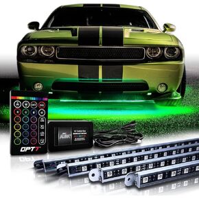 طقم إضاءة LED من الألومنيوم OPT7 Aura للسيارة مع جهاز تحكم عن بعد، لهجة نيون خارجية تحت أضواء متوهجة، مصابيح شريطية صلبة مقاومة للماء، وضع مزامنة صوت الموسيقى، قضبان إضاءة RGB متعددة الألوان، 4 قطع