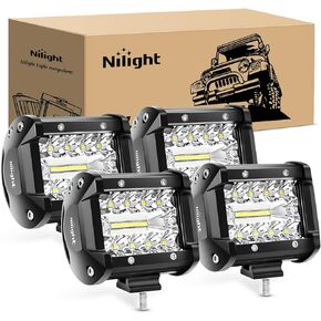 Nilight 4Pcs LED Pods 4Inch 60W Triple Row Flood Spot Combo 6000LM Light Bar Driving Fog Lights Off Road Lighting for Trucks Pickup Golf Cart SUV ATV UTV 4x4 Van Camper Boat