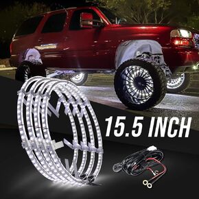 15.5 Inch Cool White Rim Lights,Wheel Lights for Cars,Pure White Wheel Lights,6500k Cool White,IP68 Waterproof,Rocker Switch Control,Double Row LED Beads（4 Pcs ）