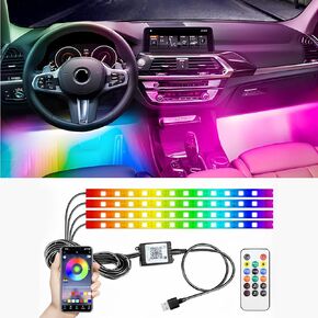 LED RGB Car Strip Lights Interior, Smart APP Control and Remote Dual Control, 12V USB Under Dash Footwell Neon Internal Lighting Kit, Multicolor Music Mode and DIY Mode