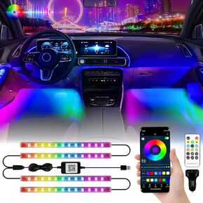 YM E-Brightt RGB LED أضواء الشريط للتحكم في تطبيق السيارة مع أضواء LED عن بعد للسيارة الداخلية مع شاحن مزامنة الموسيقى تحت لوحة القيادة Footwell طقم إضاءة النيون مع كابل USB DC 12V
