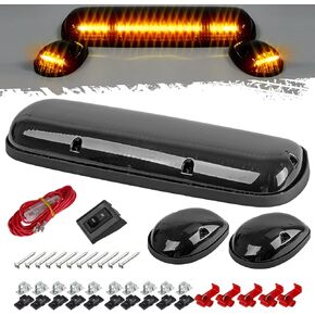 Partsam 3pcs Smoke Cover Lens White 30 LED Cab Marker Roof Running Top Lights Assembly + Wire Pack Compatible with Silverado/Sierra 1500 1500HD 2500 2500HD 3500 2002-2007 Truck