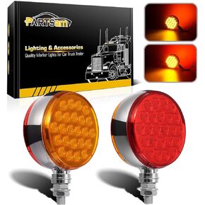 Partsam 2pc 4" Round Double Face Single Stud Mount Pearl Red/Amber 48 LED Pedestal Fender Reflective Lights w Chrome Housing Sealed Replacement for Kenworth/Peterbilt/Freightliner DOT Compliant