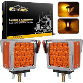 Partsam Double Face Square LED Fender Pedestal Lights Amber/Red 52 LED 3 Studs Mount Truck Trailer Stop Tail Turn Signal Lights Chrome Visor Waterproof w/Side Reflex Clearance Lights Clear Lens
