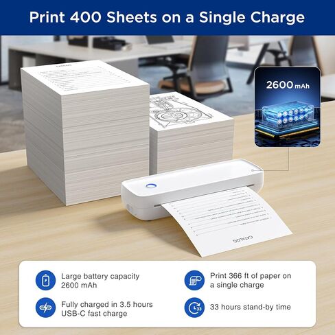 طابعة SUPVAN T200M المحمولة لاسلكية للسفر، طابعة بلوتوث بدون حبر مع 300 نقطة في البوصة، تطبع 400 صفحة لكل شحن، تدعم الحروف الأمريكية مقاس 8.5 بوصة × 11 بوصة، متوافقة مع هواتف iPhone وAndroid والكمبيوتر المحمول in Kuwait