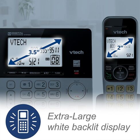 VTECH VG208 DECT 6.0 هاتف سلكي/لاسلكي للمنزل مع جهاز الرد على المكالمات، وحظر المكالمات، ومعرف المتصل، وشاشة كبيرة بإضاءة خلفية، ومكبر صوت مزدوج، والاتصال الداخلي، وخط الطاقة (فضي/أسود) in Kuwait