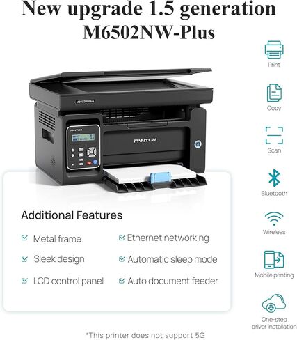 Pantum M6502NW Plus الكل في واحد طابعة ليزر وماسح ضوئي مع طابعة بلوتوث أحادية اللون، طابعة ليزر لاسلكية متعددة الوظائف بالأبيض والأسود للمنزل والعمل، أسود in Kuwait