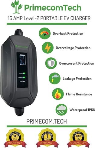 شاحن السيارة الكهربائية PRIMECOM المستوى 2 (EV) (220 فولت / 240 فولت، 16 أمبير) شاحن السيارة الكهربائية الذكي EVSE المحمول، بطول 30 قدمًا و40 قدمًا و50 قدمًا (30 قدمًا، 10-30 بكسل) in Kuwait