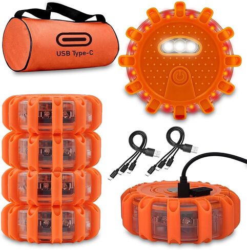 USB-C Rechargeable LED Road Flares Emergency Lights-Large Capacity (Lithium Battery) 3 in 1 cable Roadside Warning Car Safety Beacon Flashing Disc Flare Kit with Magnetic Base for Vehicles in Saudi Arabia