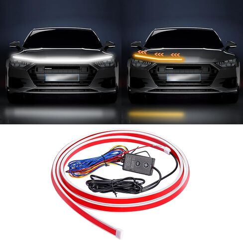 اللون المزدوج العنبر الأبيض Switchback 79 بوصة 【𝐔𝐩𝐠𝐫𝐚𝐝𝐞𝐝】 شريط إضاءة غطاء السيارة، شريط إضاءة LED ديناميكي للسيارة، مصباح أمامي مرن خارجي مقاوم للماء شريط إضاءة نهاري (مجموعة واحدة) in Kuwait