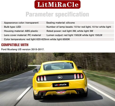 LitMiRaCle ضوء احتياطي لفورد موستانج، LED مركز وقوف السيارات ضوء أحمر أنبوب ضوء الفرامل الثالث عكس الضوء الخلفي تشغيل مصباح احتياطي لفورد موستانج 2015 2016 2017 الملحقات (1PCS) in Saudi Arabia