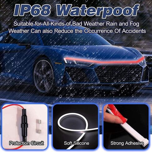 شريط إضاءة LED لغطاء السيارة، 70 بوصة 12 فولت، أضواء نهارية مرنة مقاومة للماء للسيارة، ملحقات تزيين غطاء المحرك العالمي للسيارات وسيارات الدفع الرباعي والشاحنات وتأثير بدء المسح الديناميكي (أبيض) in Kuwait