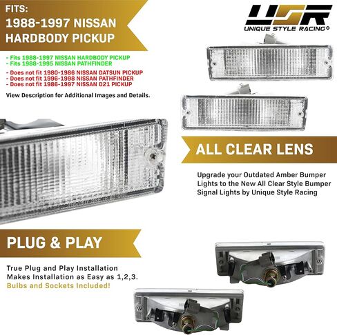 USR 90-97 مصابيح إشارة الانعطاف الصلبة - مجموعة مصابيح إشارات دوران المصد البديلة المتوافقة مع شاحنة نيسان ذات الجسم الصلب 1990-1997 (جميع العدسات الشفافة مع 2 لمبات كهرمانية / أسلاك / موصلات) in Kuwait