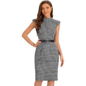 Allegra K Work Dress for Women's Cap Sleeve Belt Vintage Houndstooth Pencil Sheath Dress