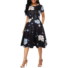 oxiuly Summer Casual Dresses for Women 2024 Holiday Floral Print Party Cocktail Dress with Pockets S062