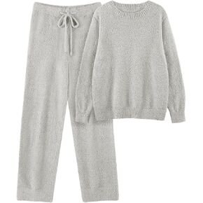 Fleece Pajama Set for Women Fuzzy Lounge Sets Winter Knitted Pj Loungewear Sleepwear 2 Piece Soft Sweater Pants Outfits