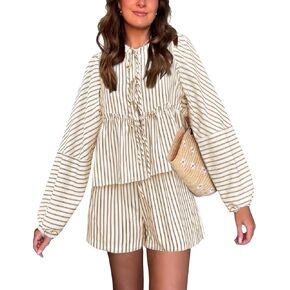 Bankeng Women Y2K Tie Front 2 Piece Shorts Set Plaid Long Puff Sleeve Peplum Top Summer Cute Lounge Sets