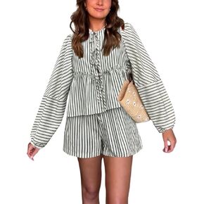 Bankeng Women Y2K Tie Front 2 Piece Shorts Set Plaid Long Puff Sleeve Peplum Top Summer Cute Lounge Sets
