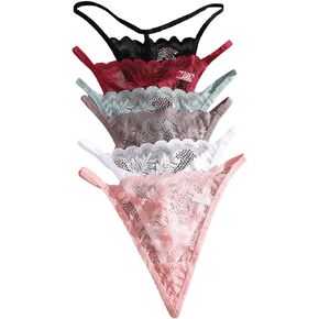 Verdusa Women's 6 Pack Scallop Trim Lace Underwear Solid Thongs Panty Set
