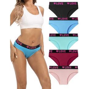 Women's Cotton Underwear Love Waistband Full Coverage Sexy Briefs Mid Waisted Breathable Ladies Panties 5 Pack