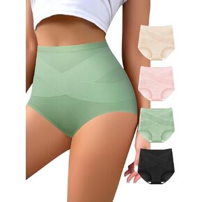 Women's High Waisted Underwear Tummy Control Cotton Panties Full Coverage Postpartum Briefs 4 Pack
