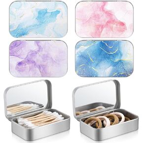 Kigley 4 Pcs Travel Cotton Swab Holder Portable Hair Tie Holder with Mirror Marble Hair Tie Organizer Dental Floss Dispenser Jewelry Organizer Box Containers for Small Items