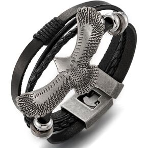 COOLSTEELANDBEYOND Vintage Eagle Charm Multi-Strand Leather Bracelet, Black Braided Leather Wristband, for Men