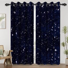 Renaiss Galaxy Starry Night Blackout Curtains for Bedroom Dark Blue Outer Space Universe Nebula Sky Star Window Curtain Drapes for Boys Kids Living Room Decor 2 Panels Set, 42x84 Inch