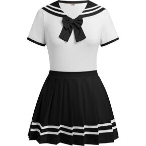 ABAFIP Women's Cute Romper Pajamas Bodysuit Pleated Skirt Short Sleeve Sailor Collar Pajama Nightwear Set