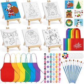 Aneco 12 Packs Mini 4 x 4 Inch Christmas Canvases for Painting with Easels Aprons Canvas Tote Bags Brushes Palettes Stretched Canvas Painting Set Xmas Painting Supplies Kit for Paint Party
