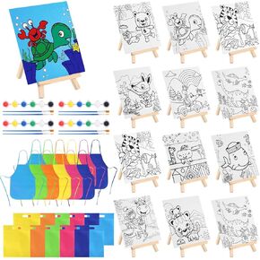 48 PCS Paint Set, 12 Easels, 12 Painting Sets, 12 Bags, 12 Small Aprons, Paint Party Favors Sets with Pre-Drawn Canvas and Wooden Easel Set, Paint Pots and Brushes for Daily Painting