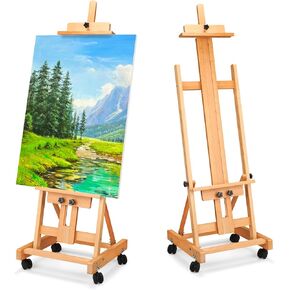 H Frame Easel, Hold Canvas up to 70" with 4 Universal Wheels, Beech Wooden Easel for Painting, Adjustable Artist Easels for Painting