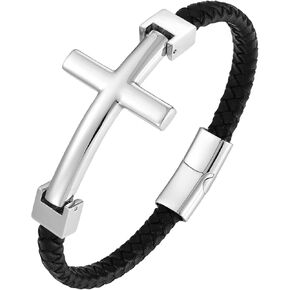 STARCHENIE Cross Bracelet for Men | Black Braided Leather Bangle Bracelets | Stainless Steel Cross Charms Mens Bracelet | Jesus Christian Religous Faith Jewelry