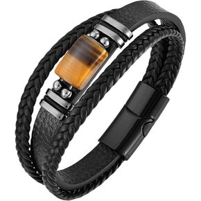 STARCHENIE Multi Strand Bracelet for Men Rectangle Authentic Tiger Eye Black Braided Leather Mens Bracelet and Stainless Steel Buckle