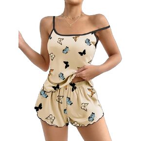 Ekouaer Womens Cami Pajama Sets 2 Piece Cute Print Pjs Soft Tank Top & Elastic Waist Shorts Camisole Lounge Set