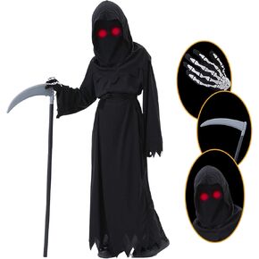 Grim Reaper Costume Kids Set, Death Scary Halloween Costumes for Kids Boys Halloween Party Favors Gifts (5-14 Years)
