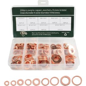 200PCS Crush Washer,Crush Washer Oil Drain Plug,Car Accessories Crush Washer Assortment,M5 M6 M8 M10 M12 M14 Metric Copper Washers,Oil Drain Plug Crush Washer,Suitable for Most Vehicles in Kuwait
