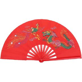 Martial Arts Fans Bamboo,Red Handheld Folding Fan Fighting Fan Martial Arts Dance Bamboo Fan Dragon + Phoenix Folding Hand Fan for Men Women Bamboo Fighting Fan Tai Chi Chinese Kung