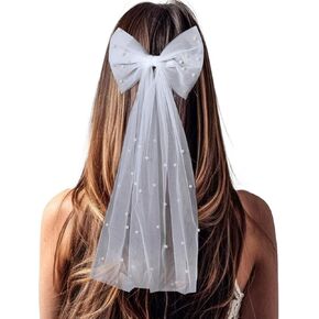 2 Pcs Wedding Bow-Knot Veil, Bridal Bow Veil for Hair, White Pearl Hair Clip, Tulle Short Veils Bridal Hair Pieces Headband Lace Veils Bachelorette Party Decorations Hair Accessories for Women