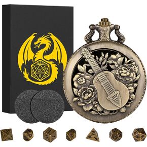 Mini DND Dice Set Steampunk Hollow Bard Pocket Watch Shell Case, 7pcs Tiny Polyhedral Metal D&D Dice Set, DND Gifts with Gift Box, Role Playing Board Games Accessories, Bronze