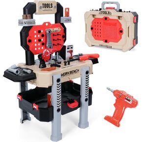 Kids Tool Bench Set with Electric Drill and Realistic Tool, 2-in-1 Pretend Play Construction Workbench Toys for Boys & Girls, Ages 3+, Blue