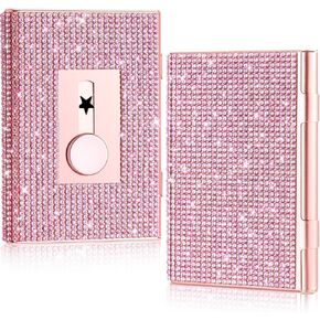 Bling Business Card Holder for Women Rhinestone Thumb Drive Business Card Case Diamond Alloy Portable Business Card Wallet Slide out Card Case with 10 to 18 Cards Capacity (Rose Gold)