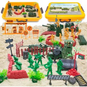 Army Play Sand Art Kit, Military Sensory Bin Filler, Sensory Bins for Toddler 3-4, with Army Men Action Figures Toys, 2.2lbs Magic Sand, Sandbox Toys for Toddlers 1-3, Sensory Sand Kit for Kids Boys