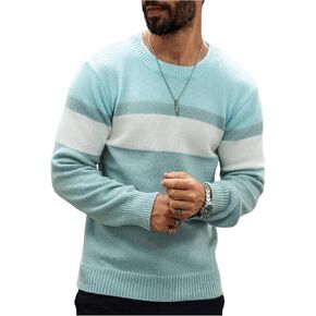 MakeMeChic Men's Striped Sweaters Long Sleeve Round Neck Knitted Pullover Tops