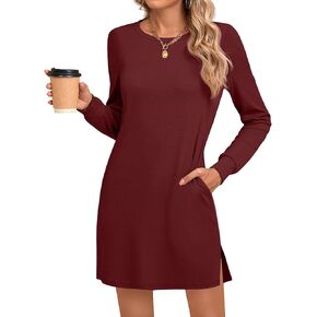 Ficerd Women's Long Sleeve Dresses, Fall Casual Crew Neck Mini Dress Knit Loose Cozy Dress Above Knee Dress with Pockets