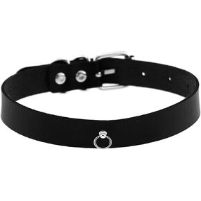 11 mm Mini Ring Black Faux Leather Goth Punk Choker Collar Adjustable PU Necklace with Buckle