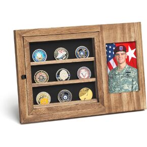 Challenge Coin Display Frame with 4x6 Inch Photo,100% Solid Wooden High Definition Glass Military Challenge Coin Holder, for Soldiers Display Honor